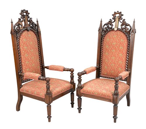 PAIR OF GOTHIC STYLE WALNUT ARMCHAIRS