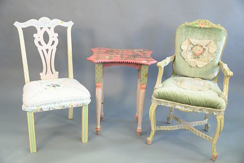 TWO PINK AND GREEN PAINTED CHAIRS