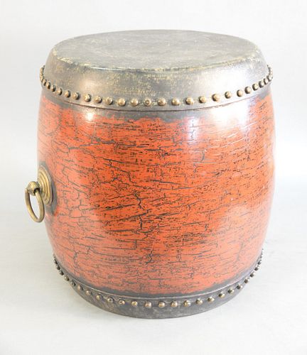 BARREL FORM DRUM, RED PAINTED BODY,