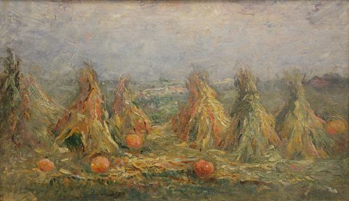 FALL HAYSTACKS WITH PUMPKINS, OIL ON