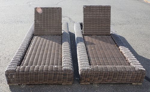 PAIR OF RATTAN OUTDOOR CHAISE LOUNGES.Pair