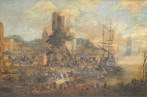 DUTCH VILLAGE BY HARBOR WITH SHIPS  37b034