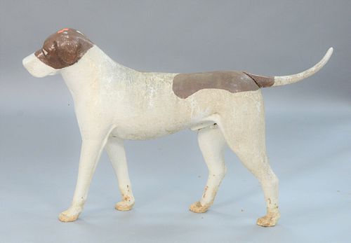 LIFE SIZE CAST IRON DOG, BROWN AND WHITE