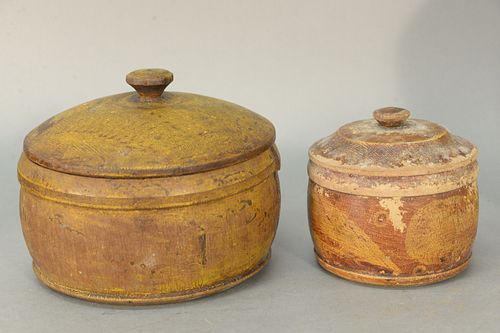 TWO TREENWARE ROUND COVERED BOXES, ONE