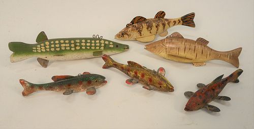 GROUP OF SIX FISH DECOYS, CARVED