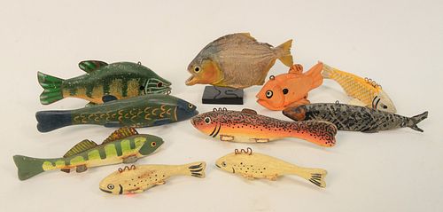 GROUP OF TEN FISH, NINE DECOYS, HAND-CARVED