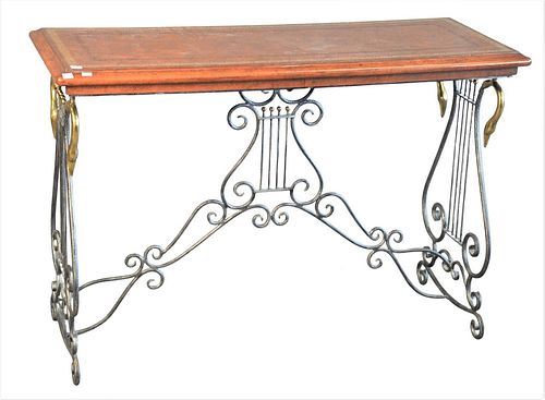 SOFA TABLE, HAVING TOOLED LEATHER TOP