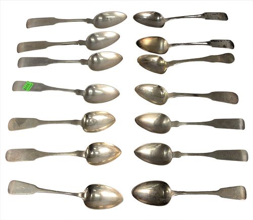 FOURTEEN LARGE COIN SILVER TABLESPOONS  378dc3