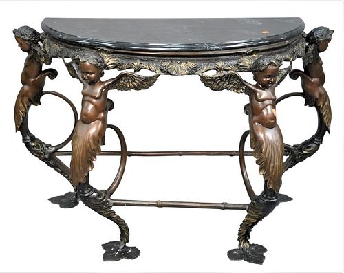 MARBLE TOP DEMILUNE TABLE, HAVING