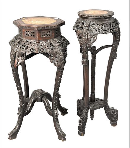 TWO CHINESE TEAK STANDS, HAVING