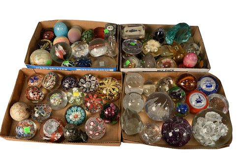 FOUR TRAY LOTS OF PAPERWEIGHTS,