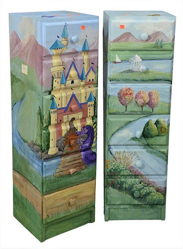 TWO PAINT DECORATED TALL SIX DRAWER 378f31