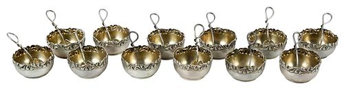 SET OF 12 STERLING OPEN SALTS AND