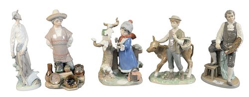 FIVE PIECE LOT OF PORCELAIN LLADRO FIGURES,