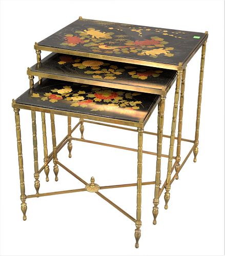 NEST OF THREE BRASS TABLES, HAVING LACQUERED
