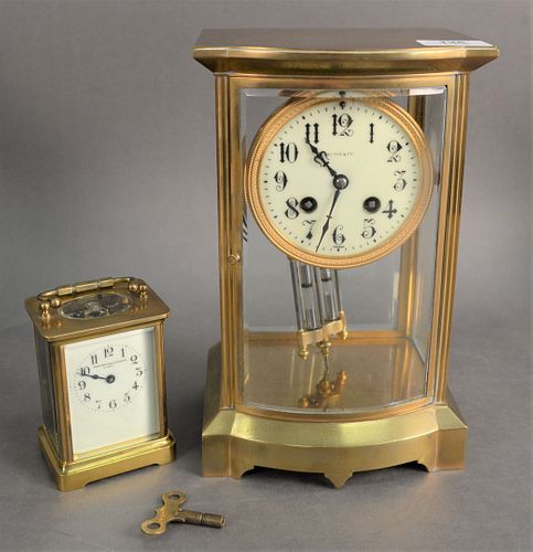 TWO BRASS AND GLASS TIFFANY REGULATOR