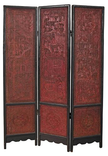 CHINESE CINNABAR STYLE THREE PANEL