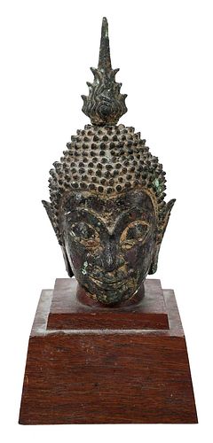 BRONZE BUDDHA HEAD WITH WOOD STANDSoutheast 37938d