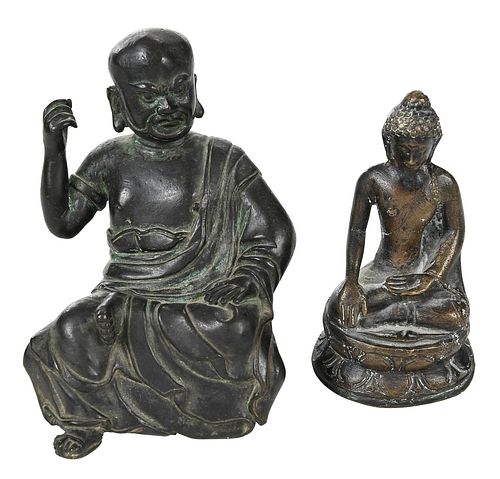 TWO ASIAN BRONZE BUDDHA AND GUARDIAN 3793d6