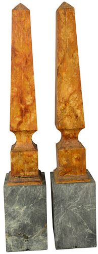 PAIR OF ORANGE PAINTED WOODEN OBELISKS 379495