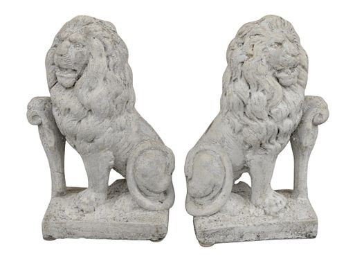 PAIR OF CAST CEMENT GARDEN LIONS  37951d