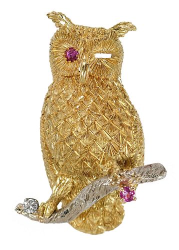 18KT. GEMSTONE OWL BROOCHwinking