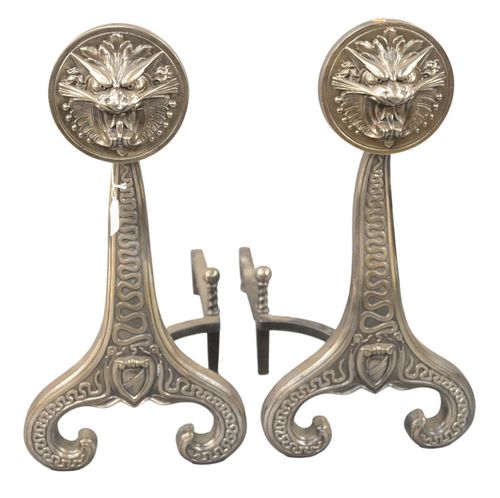 PAIR OF IRON ANDIRONS WITH LION 3795f0