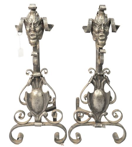 PAIR OF IRON ANDIRONS WITH FACES  3795f2