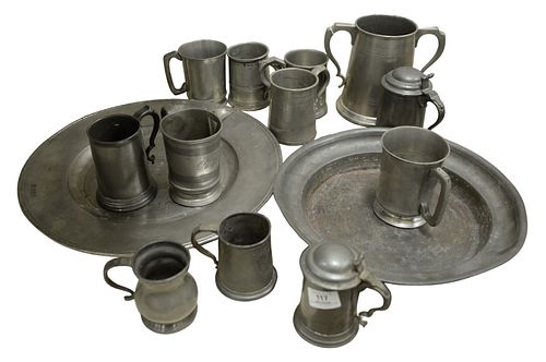 GROUP OF ASSORTED PEWTER CHARGERS,