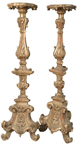 PAIR OF GILT WOOD PRICKET STANDS,