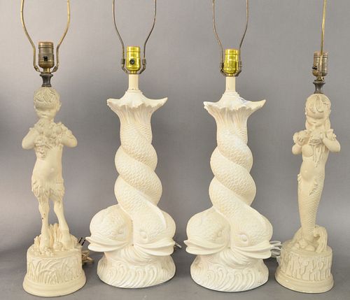TWO PAIRS OF PLASTER TABLE LAMPS,