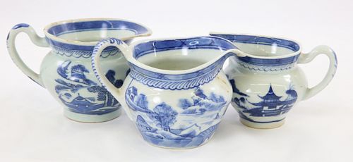 THREE CANTON BLUE AND WHITE PORCELAIN