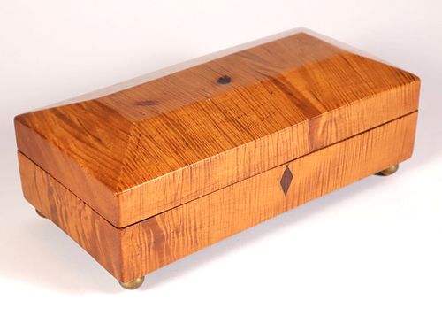 VIVID TIGER MAPLE SEWING BOX, 19TH