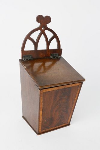 MAHOGANY CROSSBANDED HANGING SALT BOX,