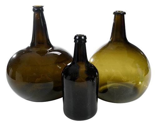 THREE EARLY OLIVE BLOWN GLASS BOTTLESAmerican/British,