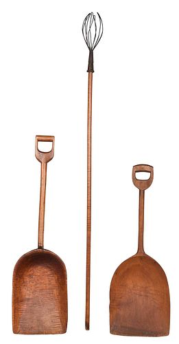 TWO CARVED WOOD SHOVELS AND APPLE