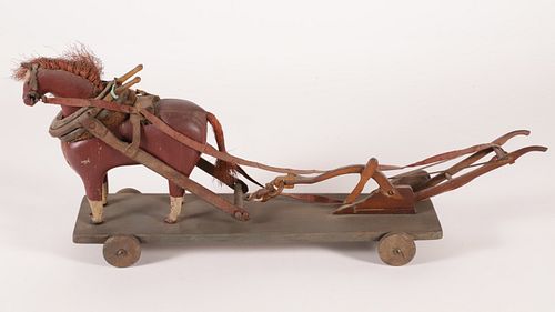 PAINTED WOOD AND LEATHER HORSE