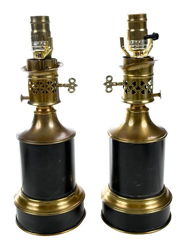 PAIR OF BRASS OIL LAMPS CONVERTED 37c482