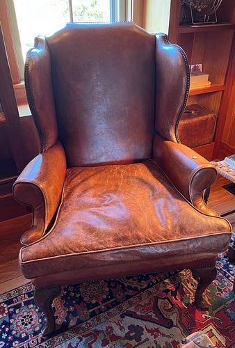 QUEEN ANNE STYLE LEATHER WING CHAIR