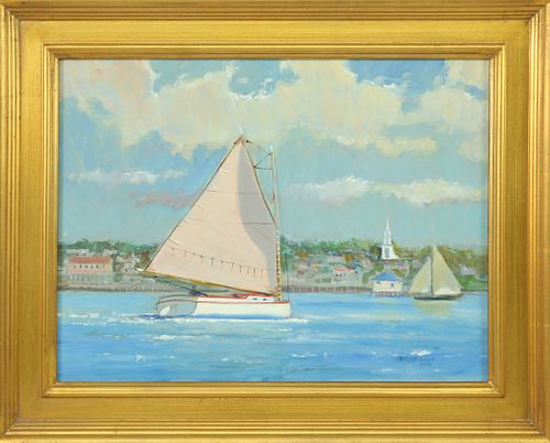 WILLIAM LOWE OIL ON LINEN CATBOAT 37c525