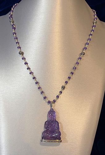 CARVED AMETHYST AND DIAMOND STERLING