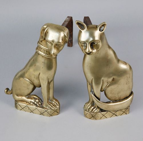 PAIR OF POLISHED BRASS CAT AND