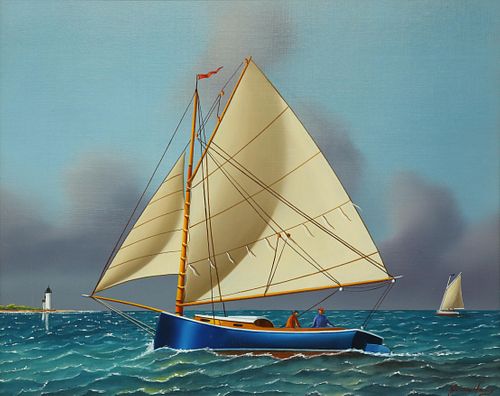 JEROME HOWES OIL ON MASONITE CATBOAT 37c8a1