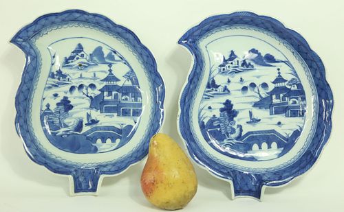 TWO CANTON LARGE LEAF DISHES, 19TH