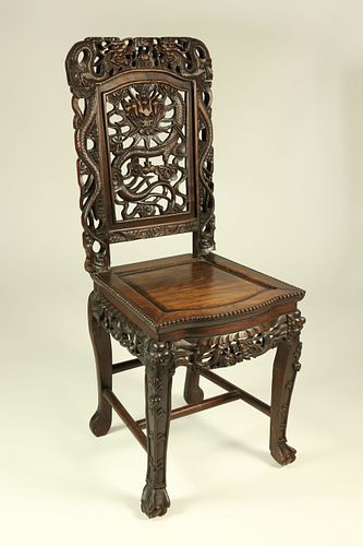 CHINESE CARVED TEAKWOOD SIDE CHAIR,