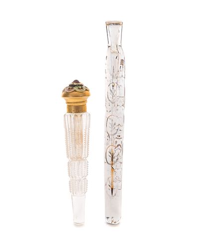 TWO PERFUME BOTTLES CUT GLASS AND
