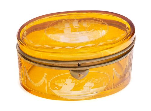 ETCHED AMBER GLASS VICTORIAN BOX 37cab8