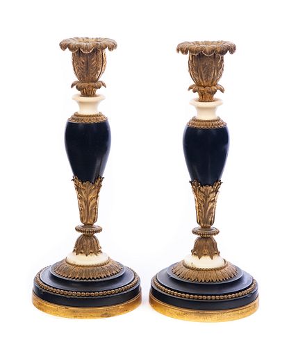 PAIR GILT BRONZE AND MARBLE CANDLESTICKSPair