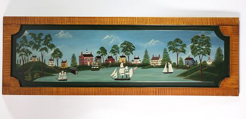 FOLK ART OIL ON RAISED PANEL RIVER 37cb27