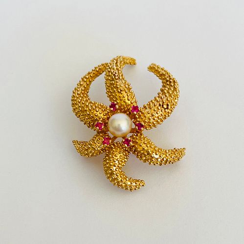 14K YELLOW GOLD, RUBY AND PEARL